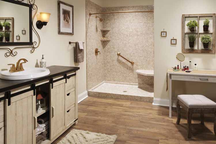 Wooden Floor Bathroom with shower and bath combo